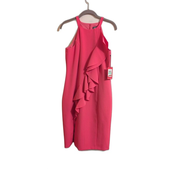 Vince Camuto New Feminine Crepe High Neck Ruffle Front Sheath Dress  Pink Sz 8 - Picture 2 of 7